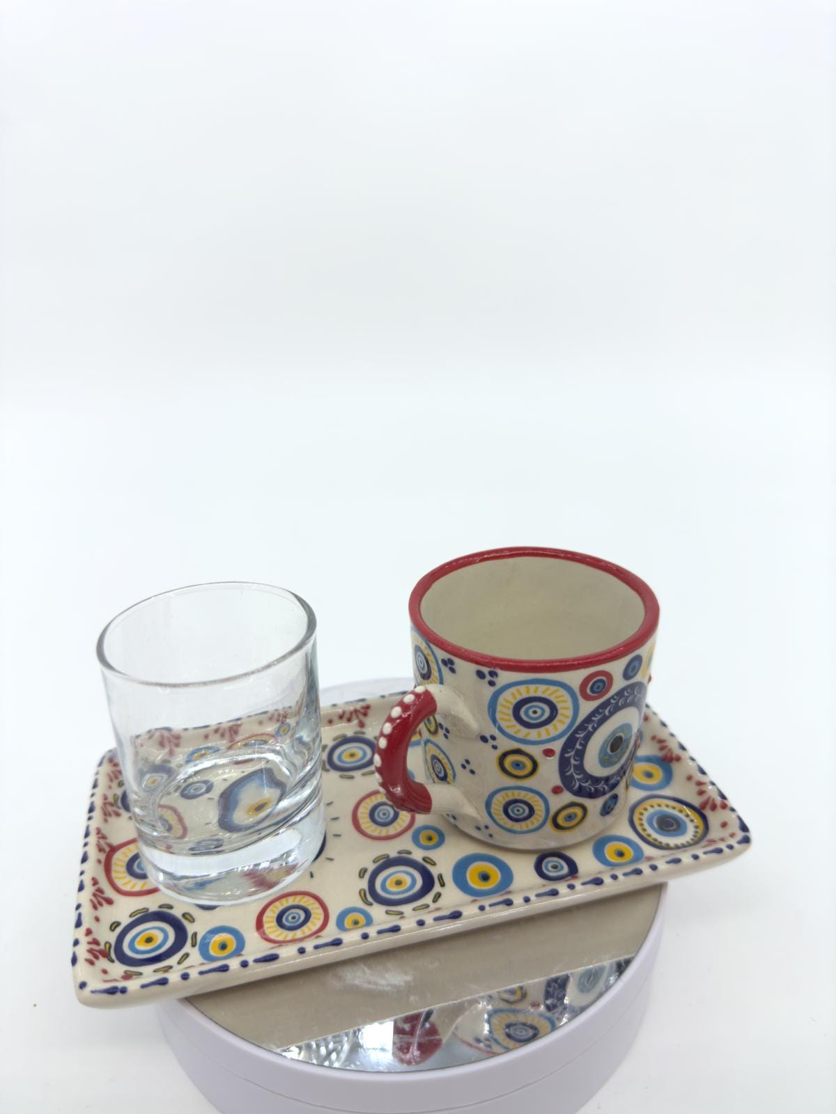 Evil Eye Turkish Coffee Set – Handmade Ceramic Coffee Cups with Saucers, Traditional Turkish Coffee Set with Glass Water Cup