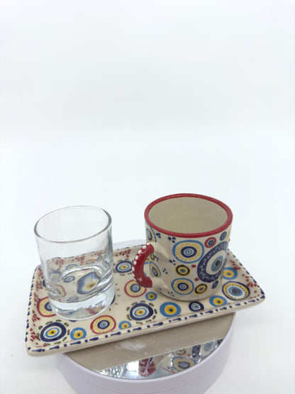 Evil Eye Turkish Coffee Set – Handmade Ceramic Coffee Cups with Saucers, Traditional Turkish Coffee Set with Glass Water Cup