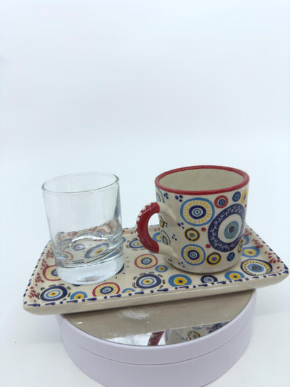 Evil Eye Turkish Coffee Set – Handmade Ceramic Coffee Cups with Saucers, Traditional Turkish Coffee Set with Glass Water Cup