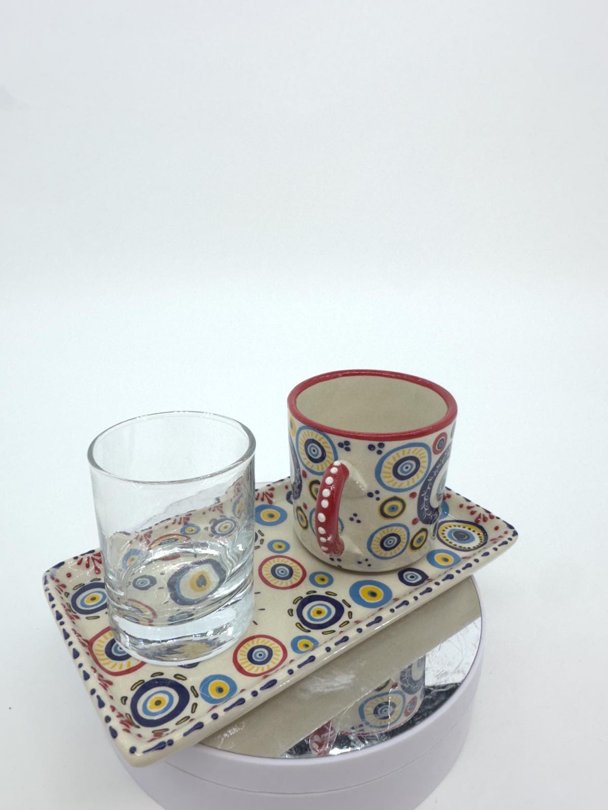 Evil Eye Turkish Coffee Set – Handmade Ceramic Coffee Cups with Saucers, Traditional Turkish Coffee Set with Glass Water Cup