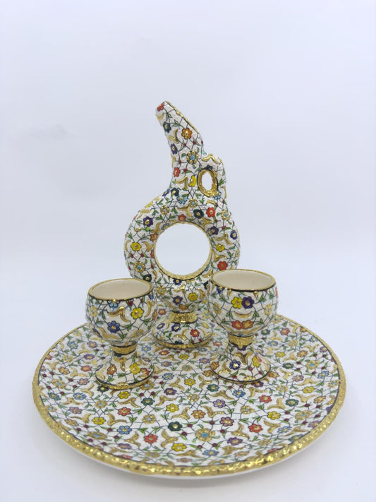 turkish ceramic set,hitit pitcher,floral tray,gold goblets,handmade decor,ottoman art,boho home gift,turkish pottery set