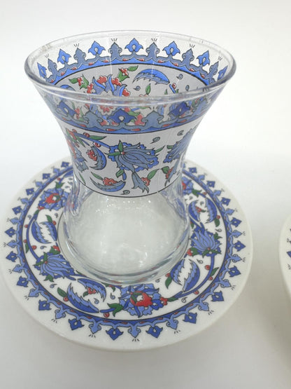 Handmade Turkish Ceramic Tea Set for Two – Traditional Glass Teacups with Saucers, Ideal Housewarming Gift