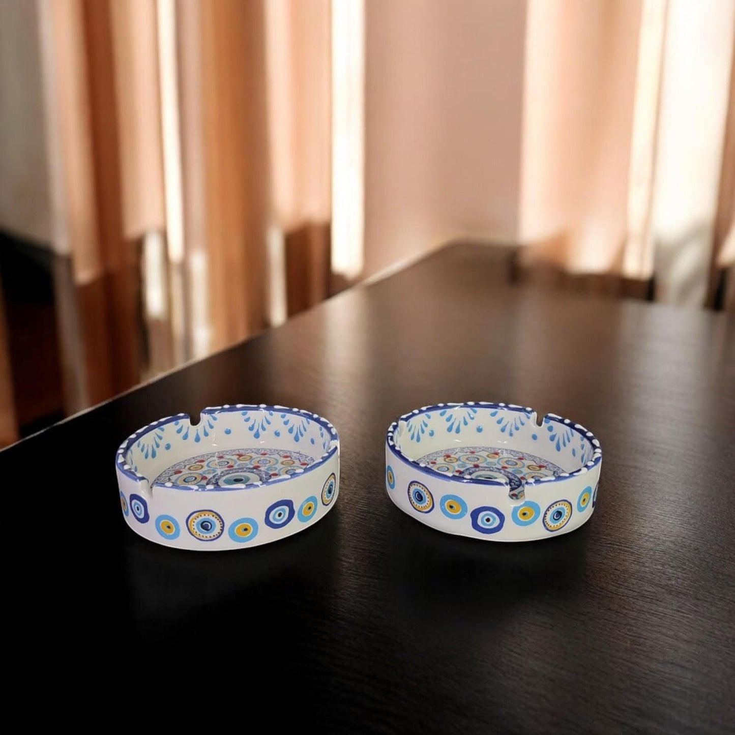 Handmade Evil Eye Ceramic Ashtray Set with Lids | Turkish Floral Ashtray Decor | Nazar Protection Gift | Set of 2