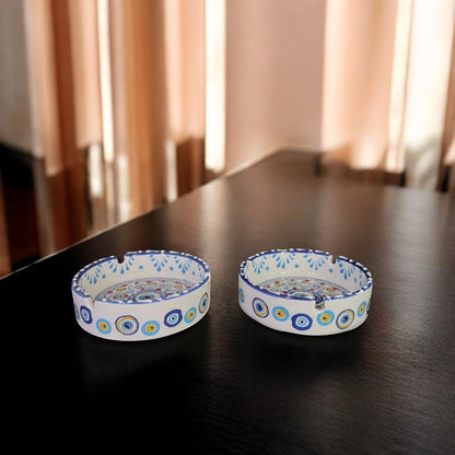 Handmade Evil Eye Ceramic Ashtray Set with Lids | Turkish Floral Ashtray Decor | Nazar Protection Gift | Set of 2
