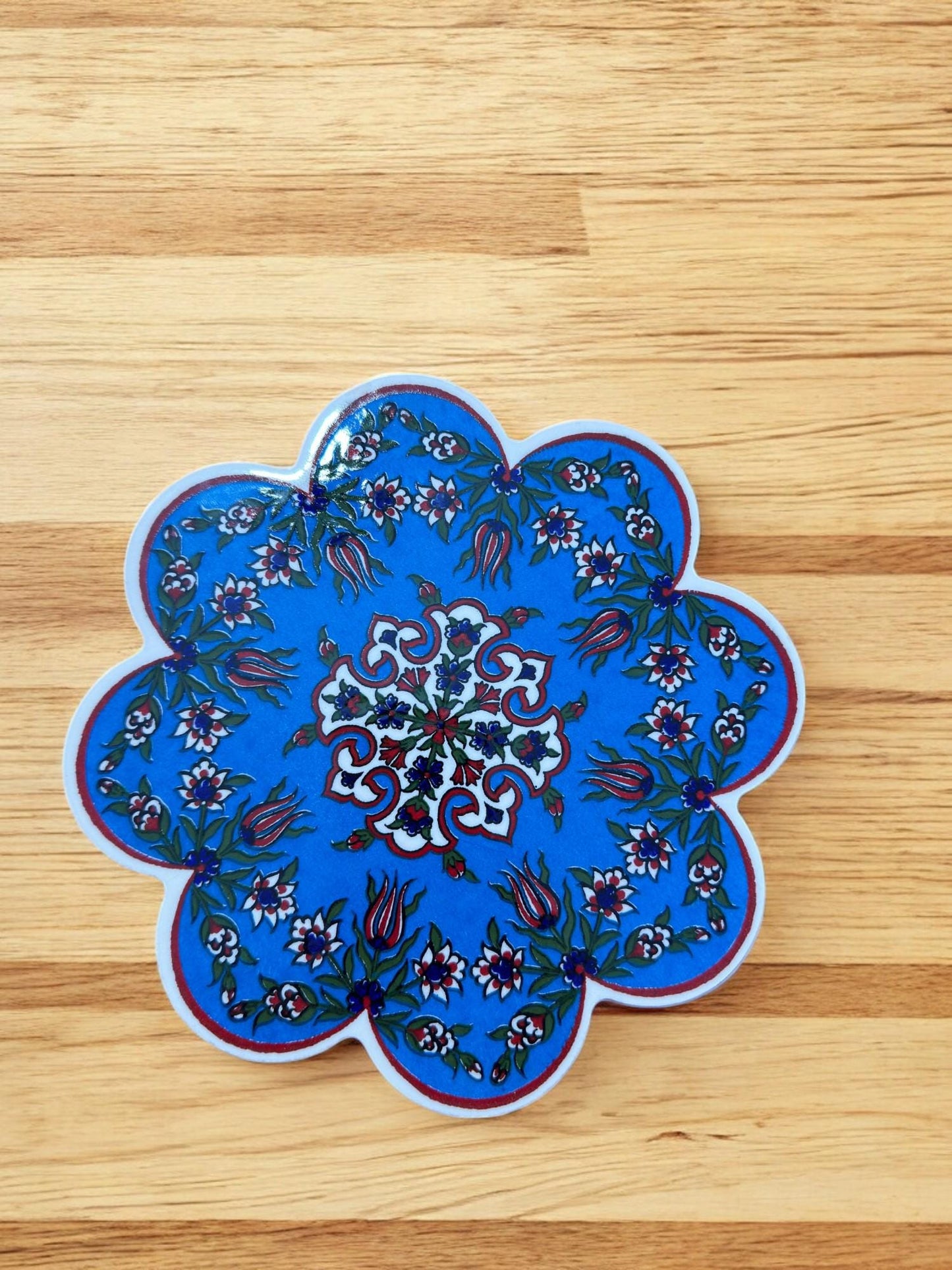 Handcrafted Turkish Ceramic Coaster, Traditional Anatolian Pattern Plate, 18 cm Drink Mat, Hand Painted Table Decor, Coffee Mug Tray