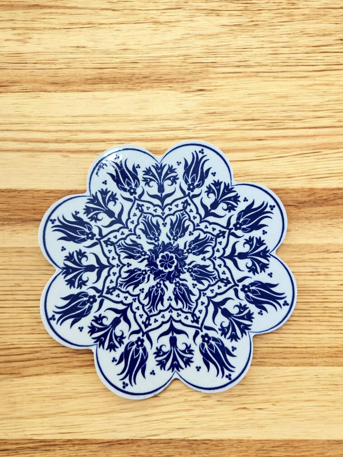 Handcrafted Turkish Ceramic Coaster, Traditional Anatolian Pattern Plate, 18 cm Drink Mat, Hand Painted Table Decor, Coffee Mug Tray