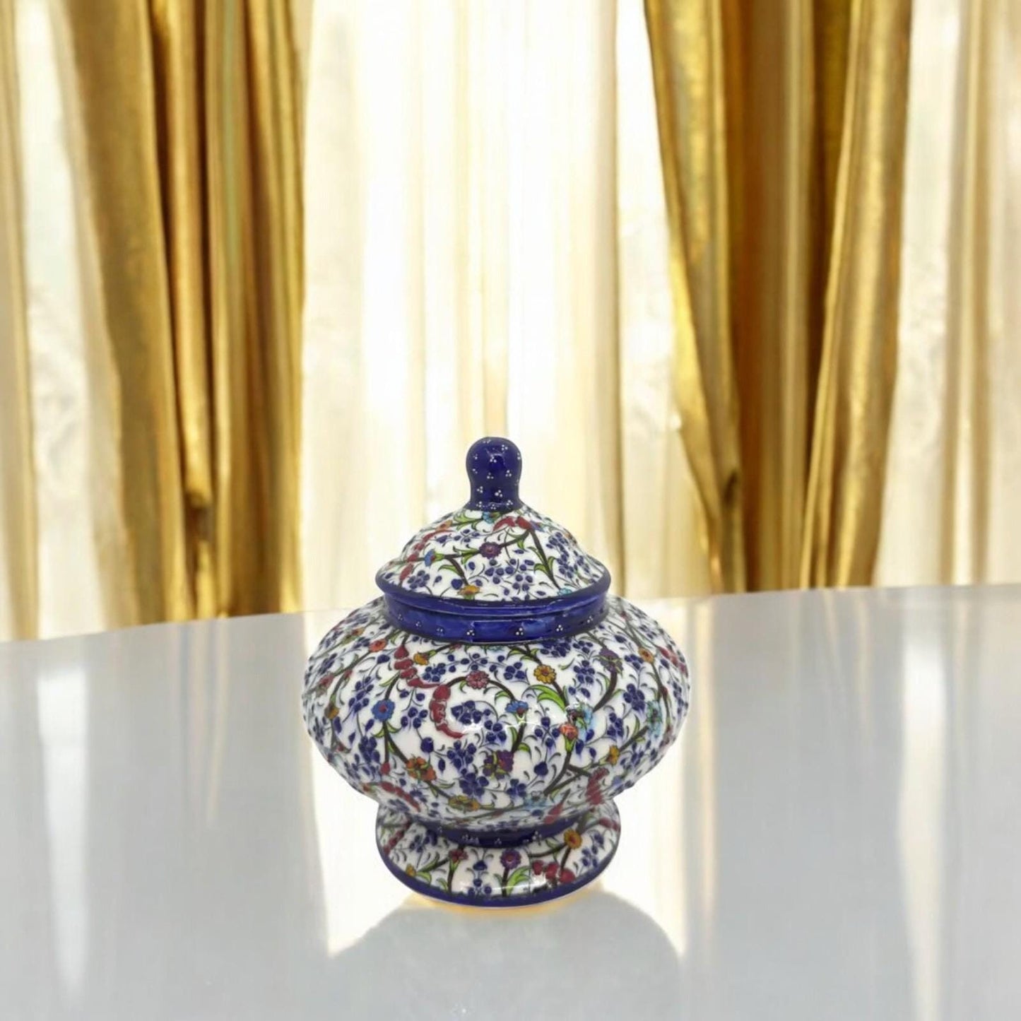 Handmade Turkish Ceramic Honey Jar - Floral Design Sugar Bowl - Iznik Style Decorative Keepsake - Unique Gift for Home or Kitchen Decor