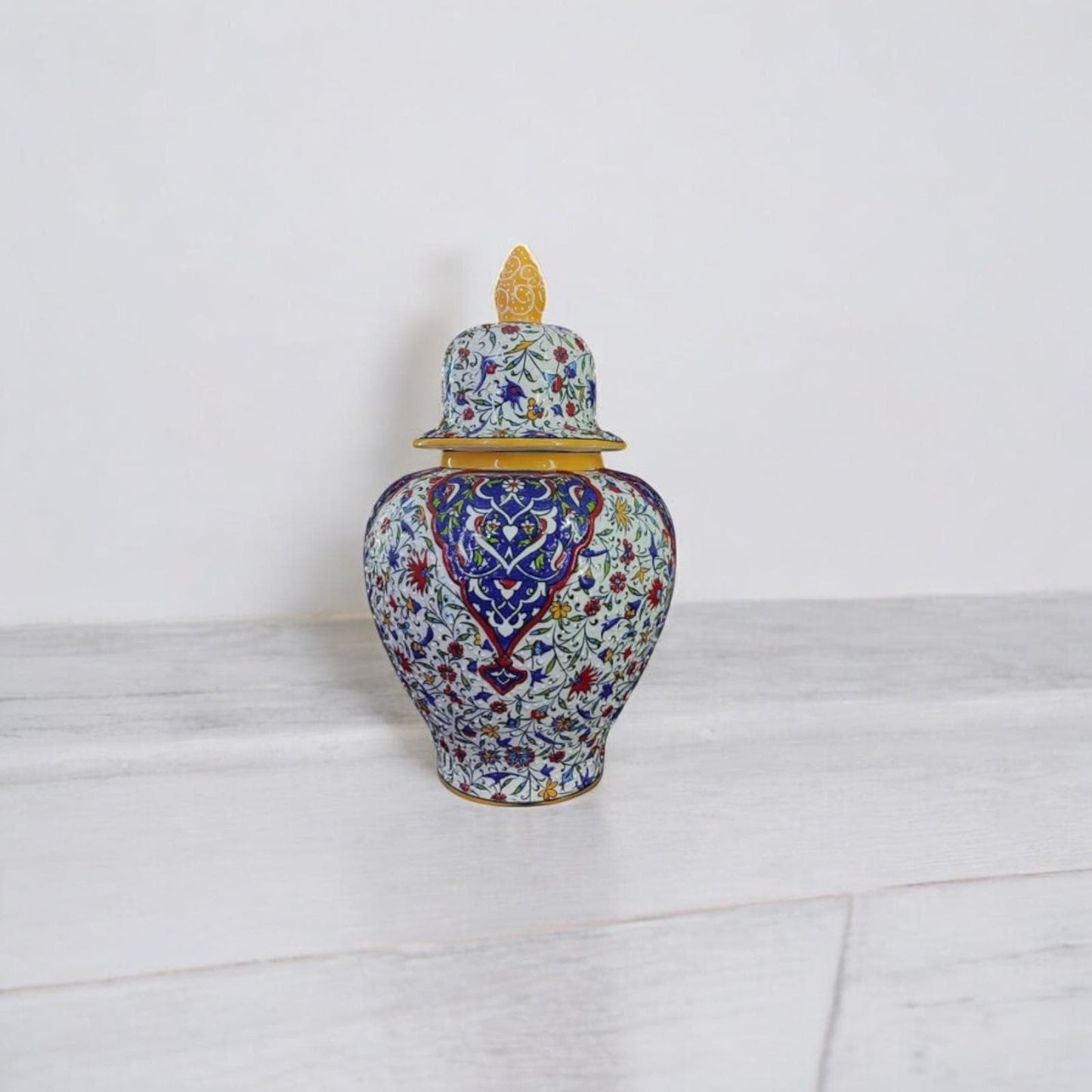handmade ceramic vase,turkish vase with lid,ottoman ceramic vase,embossed floral vase,home decor vase,gift for her,12 inch vase