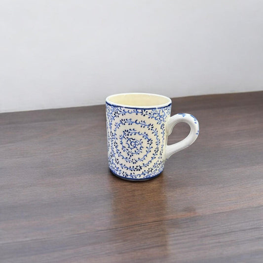 Hand-Painted Turkish Ceramic Mug – Blue Floral Spiral Design, Unique Coffee or Tea Cup, Perfect Gift for Art and Tea Lovers