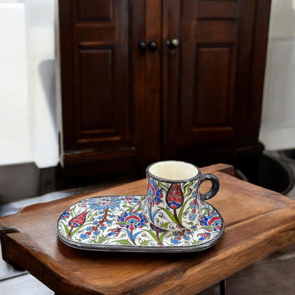 Handmade Turkish Coffee Cup Set with Tray | Ottoman Floral Ceramic Espresso Cup | Unique Gift for Coffee Lovers