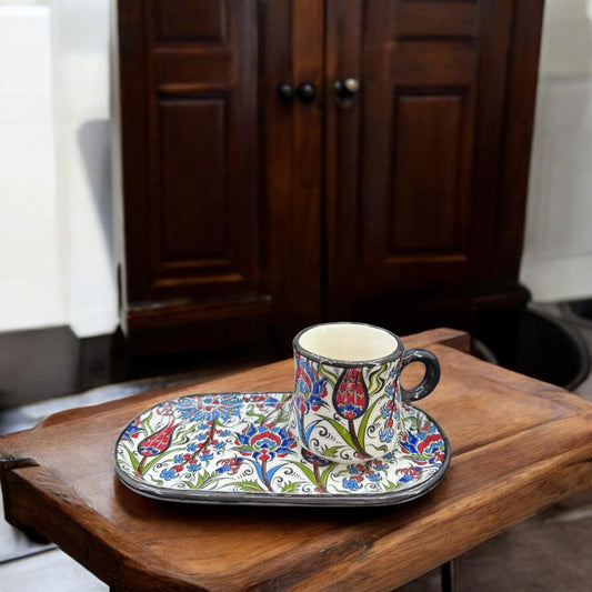 Handmade Turkish Coffee Cup Set with Tray | Ottoman Floral Ceramic Espresso Cup | Unique Gift for Coffee Lovers