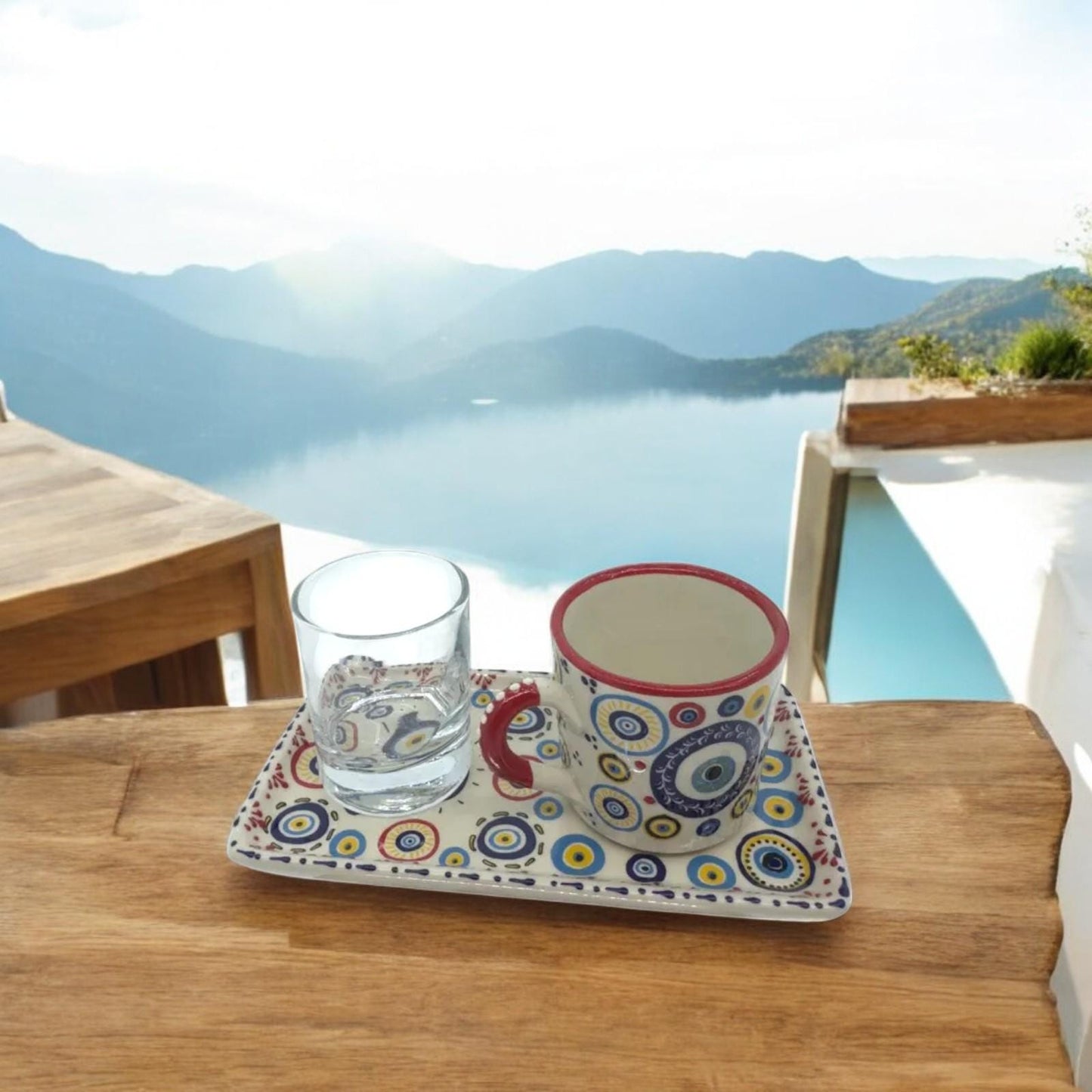Evil Eye Turkish Coffee Set – Handmade Ceramic Coffee Cups with Saucers, Traditional Turkish Coffee Set with Glass Water Cup