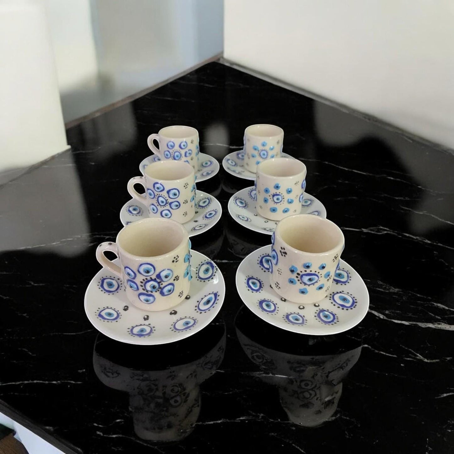 Handmade Turkish Coffee Set for 6 – Evil Eye Ceramic Mugs with Saucers, Traditional Coffee Set, Unique Gift Idea, Pottery Coffee Set