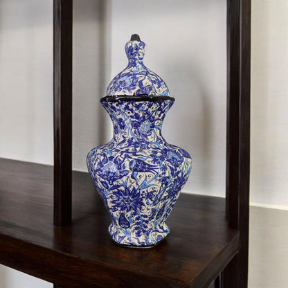 Hand-Painted Blue Floral Ceramic Vase with Lid – 12" Geometric Design, Unique Handmade Pottery, Modern Decorative Accent
