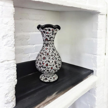 Handmade Black and White Turkish Ceramic Vase – Hand-Painted Floral Anatolian Pottery, Decorative Table Centerpiece