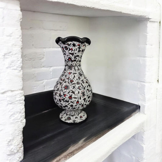 Handmade Black and White Turkish Ceramic Vase – Hand-Painted Floral Anatolian Pottery, Decorative Table Centerpiece