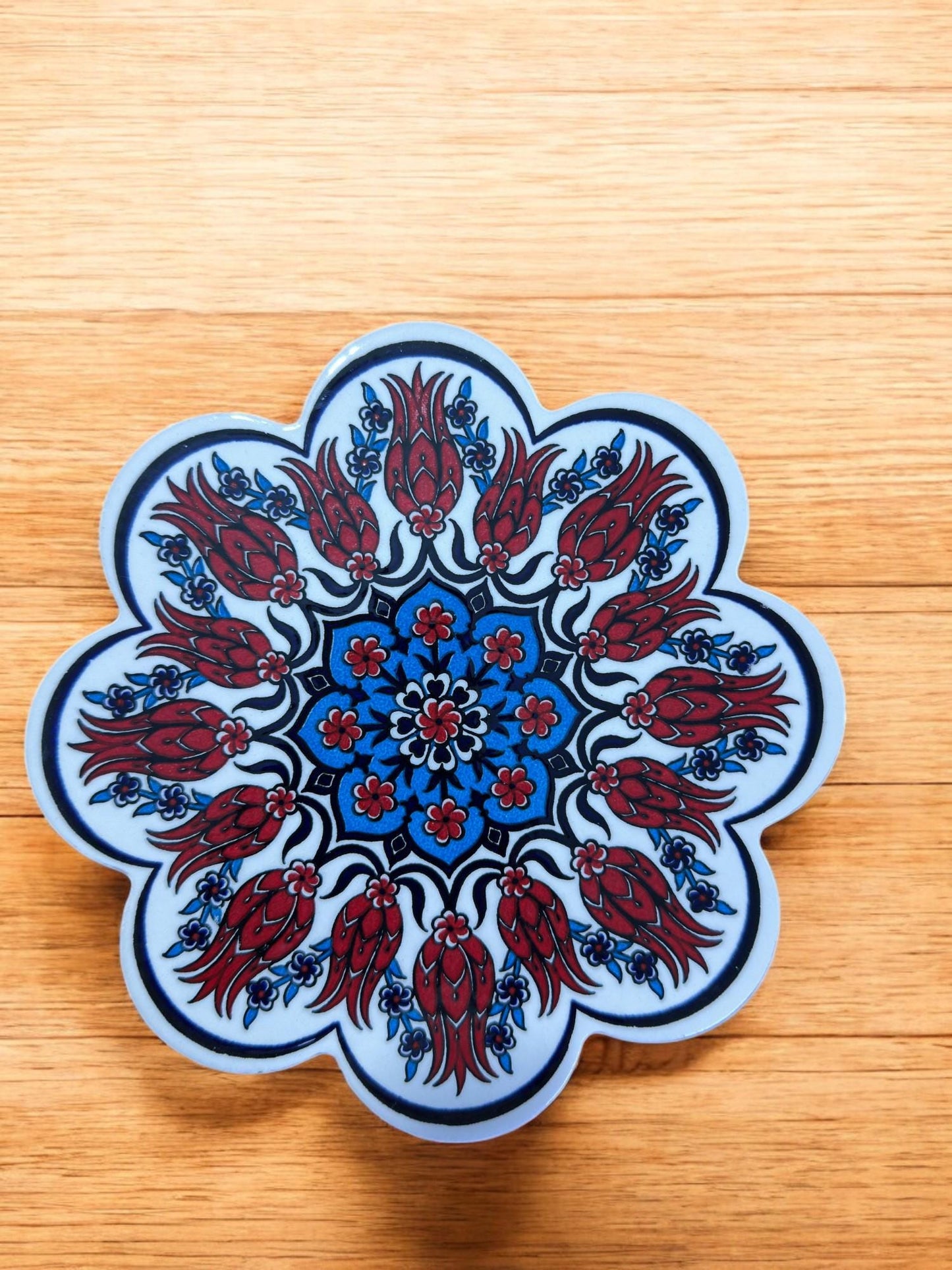 Handcrafted Turkish Ceramic Coaster, 18 cm Artistic Drink Plate, Traditional Pattern Table Decor, Elegant Mug Tray for Coffee or Tea