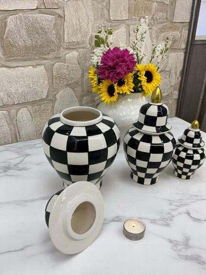 Black White Checkered Ceramic Vase Set with Gold Lid | Modern Decorative Lidded Jars | Home Shelf Decor | Small Medium Large Sizes