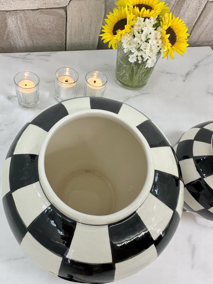 Black White Checkered Ceramic Vase Set with Gold Lid | Modern Decorative Lidded Jars | Home Shelf Decor | Small Medium Large Sizes