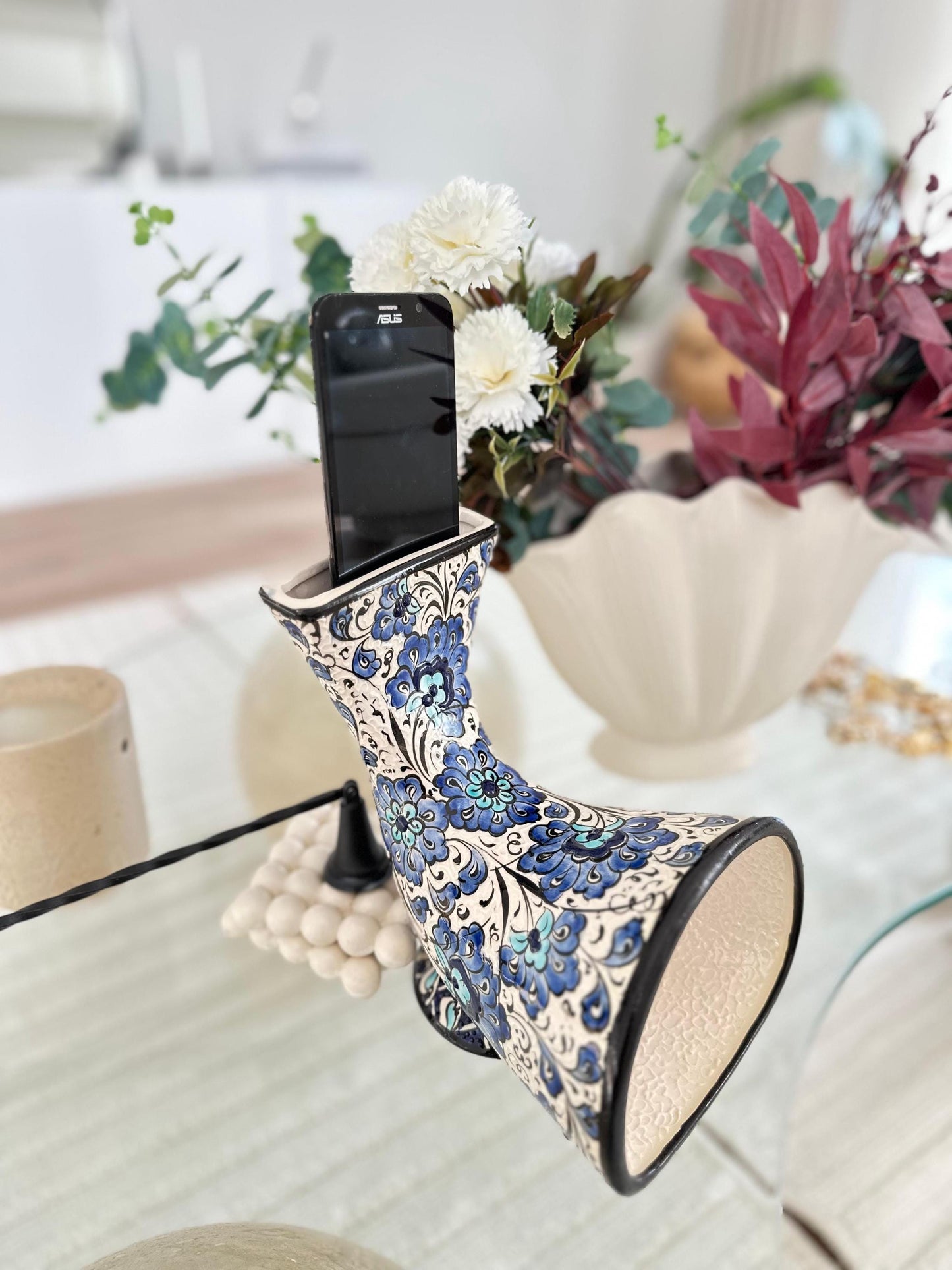 Handmade Ceramic Phone Amplifier | Unique Gramophone Design | Vintage Style Sound Booster | Turkish Ceramic Art | Gift for Music Lovers
