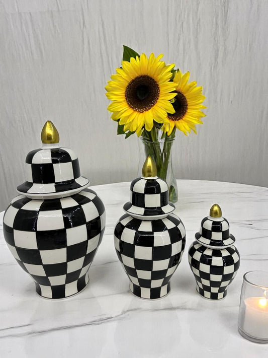 Black White Checkered Ceramic Vase Set with Gold Lid | Modern Decorative Lidded Jars | Home Shelf Decor | Small Medium Large Sizes