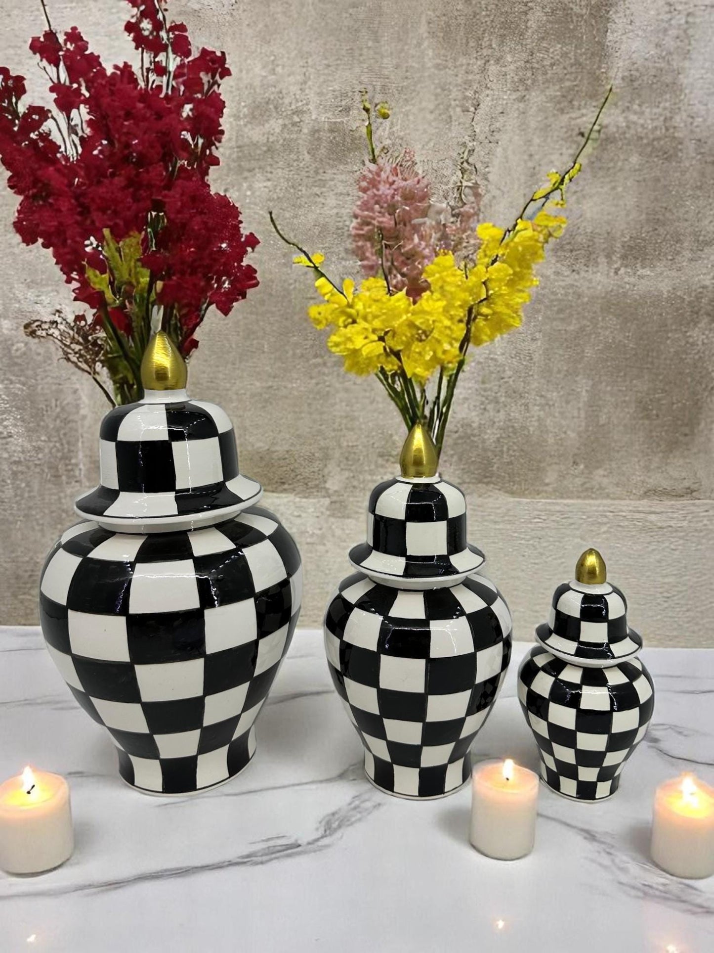 Black White Checkered Ceramic Vase Set with Gold Lid | Modern Decorative Lidded Jars | Home Shelf Decor | Small Medium Large Sizes
