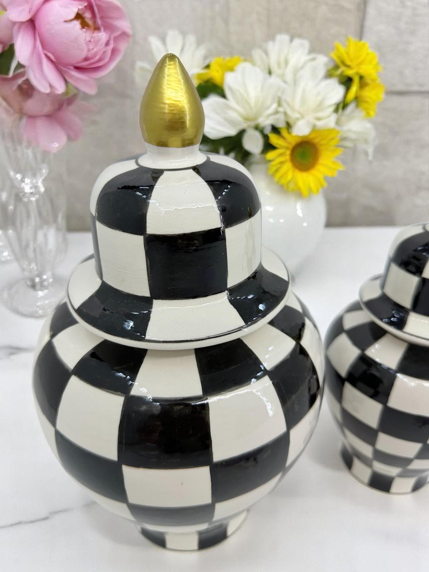 Black White Checkered Ceramic Vase Set with Gold Lid | Modern Decorative Lidded Jars | Home Shelf Decor | Small Medium Large Sizes