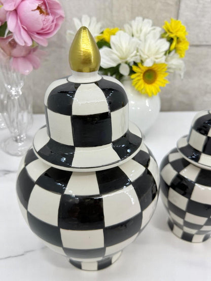 Black White Checkered Ceramic Vase Set with Gold Lid | Modern Decorative Lidded Jars | Home Shelf Decor | Small Medium Large Sizes