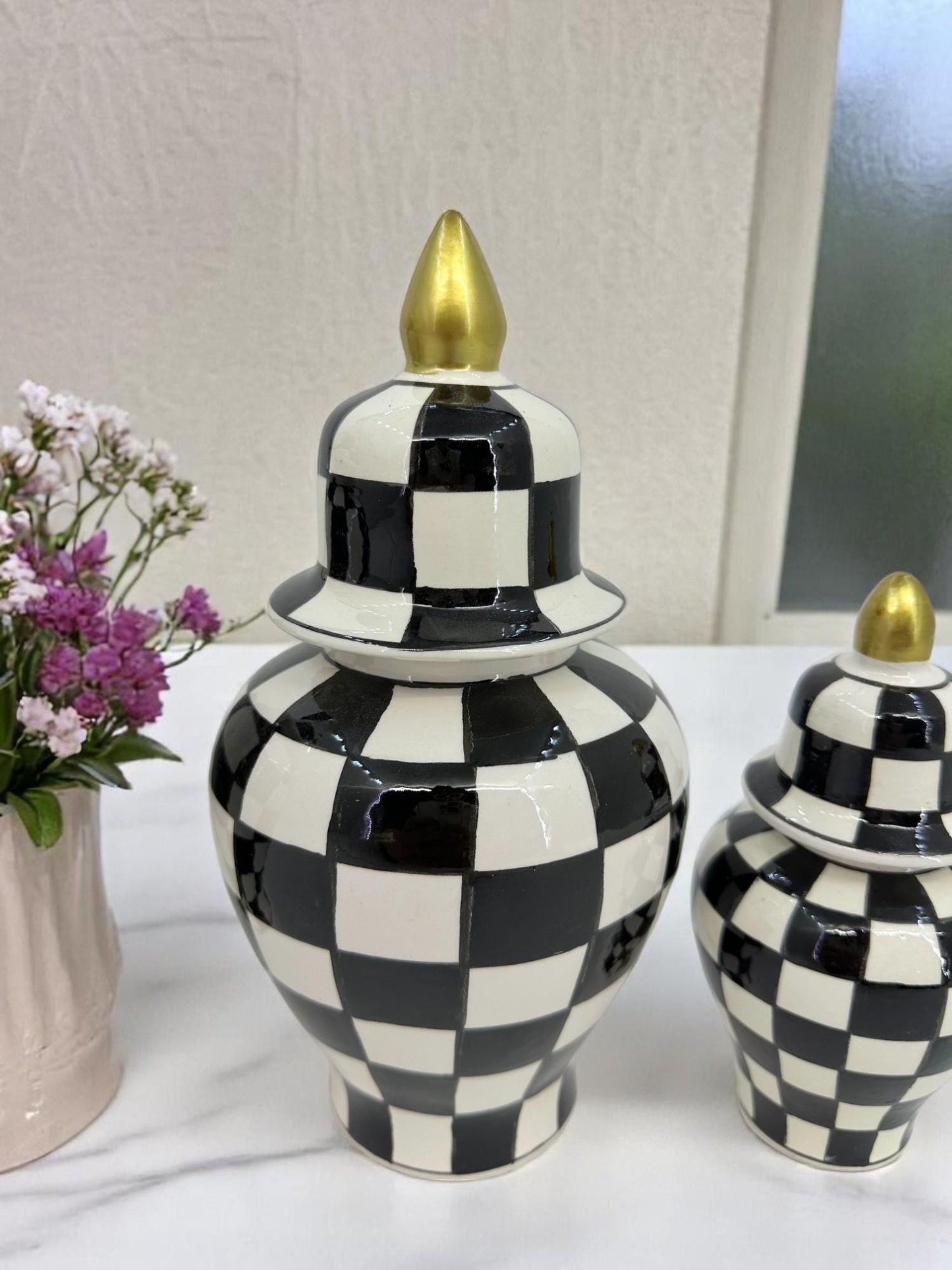 Black White Checkered Ceramic Vase Set with Gold Lid | Modern Decorative Lidded Jars | Home Shelf Decor | Small Medium Large Sizes