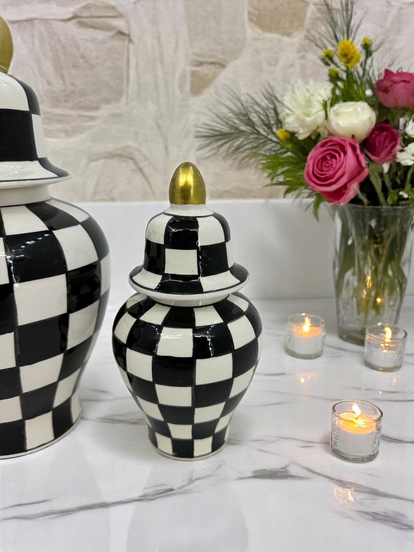 Black White Checkered Ceramic Vase Set with Gold Lid | Modern Decorative Lidded Jars | Home Shelf Decor | Small Medium Large Sizes