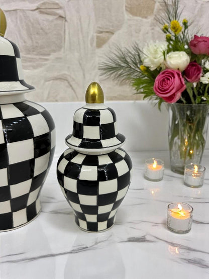 Black White Checkered Ceramic Vase Set with Gold Lid | Modern Decorative Lidded Jars | Home Shelf Decor | Small Medium Large Sizes