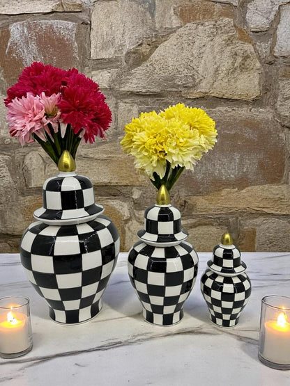 Black White Checkered Ceramic Vase Set with Gold Lid | Modern Decorative Lidded Jars | Home Shelf Decor | Small Medium Large Sizes