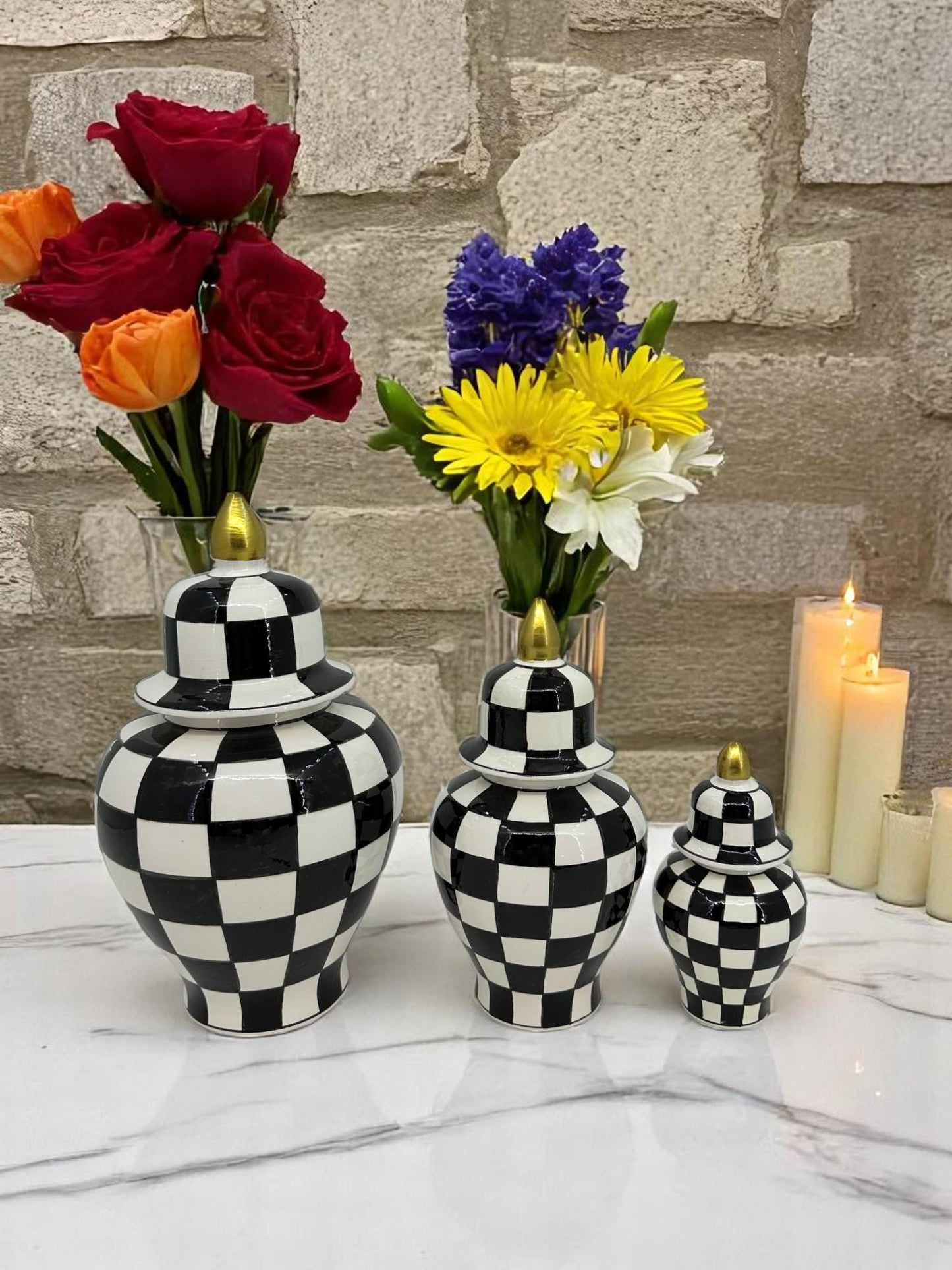 Black White Checkered Ceramic Vase Set with Gold Lid | Modern Decorative Lidded Jars | Home Shelf Decor | Small Medium Large Sizes