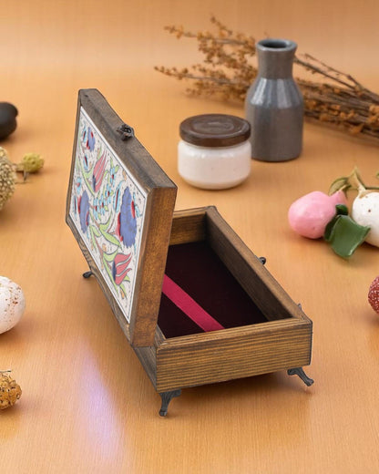 Turkish Ceramic Top Jewelry Box, 10x20 cm Handmade Wooden Case, Velvet Lined Storage, Floral Tile Lid, Ottoman Gift Idea