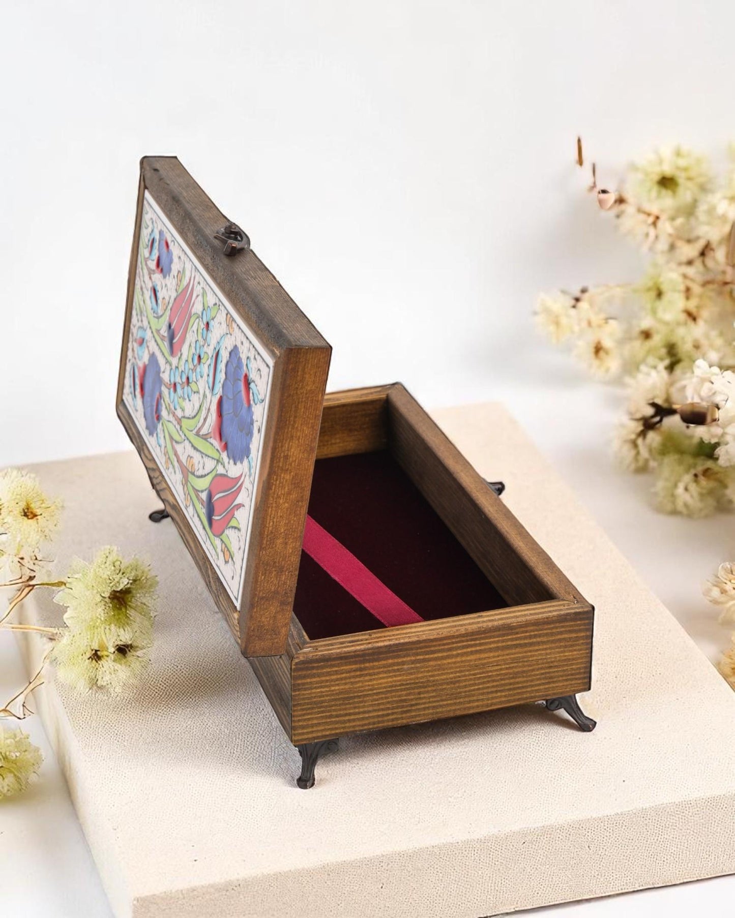 Turkish Ceramic Top Jewelry Box, 10x20 cm Handmade Wooden Case, Velvet Lined Storage, Floral Tile Lid, Ottoman Gift Idea