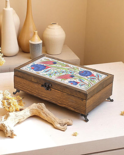 Turkish Ceramic Top Jewelry Box, 10x20 cm Handmade Wooden Case, Velvet Lined Storage, Floral Tile Lid, Ottoman Gift Idea