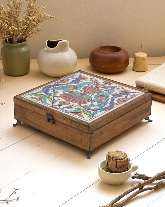 Turkish Ceramic Keepsake Box, Handmade Wooden Jewelry Chest, Bird Pattern Tile Lid, Nature Inspired Decor Gift,20x20 cm