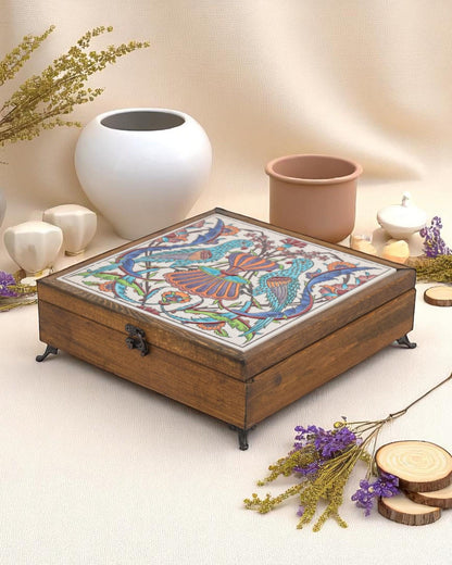 Turkish Ceramic Keepsake Box, Handmade Wooden Jewelry Chest, Bird Pattern Tile Lid, Nature Inspired Decor Gift,20x20 cm