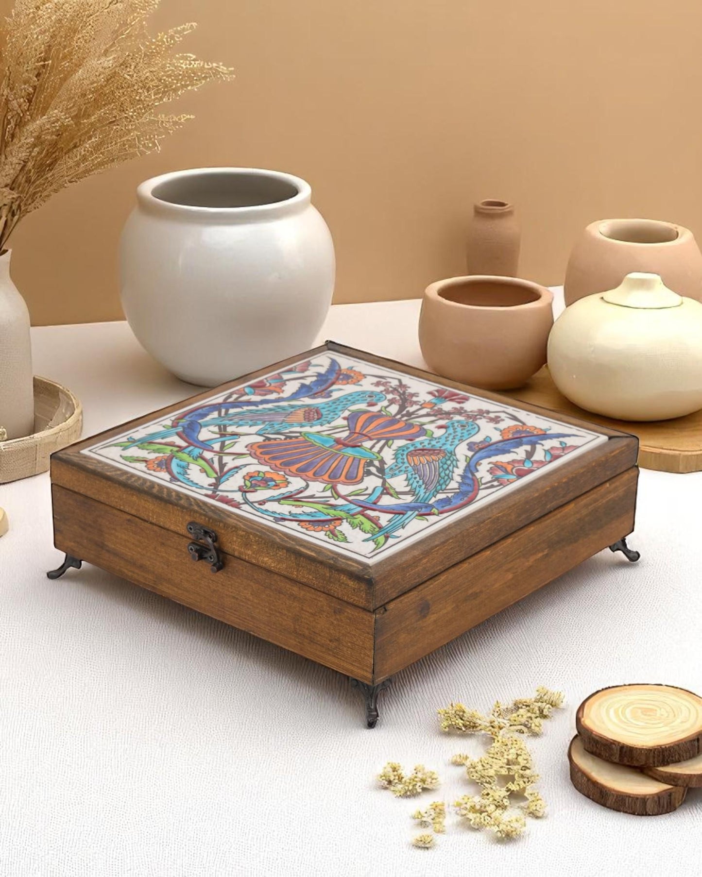 Turkish Ceramic Keepsake Box, Handmade Wooden Jewelry Chest, Bird Pattern Tile Lid, Nature Inspired Decor Gift,20x20 cm