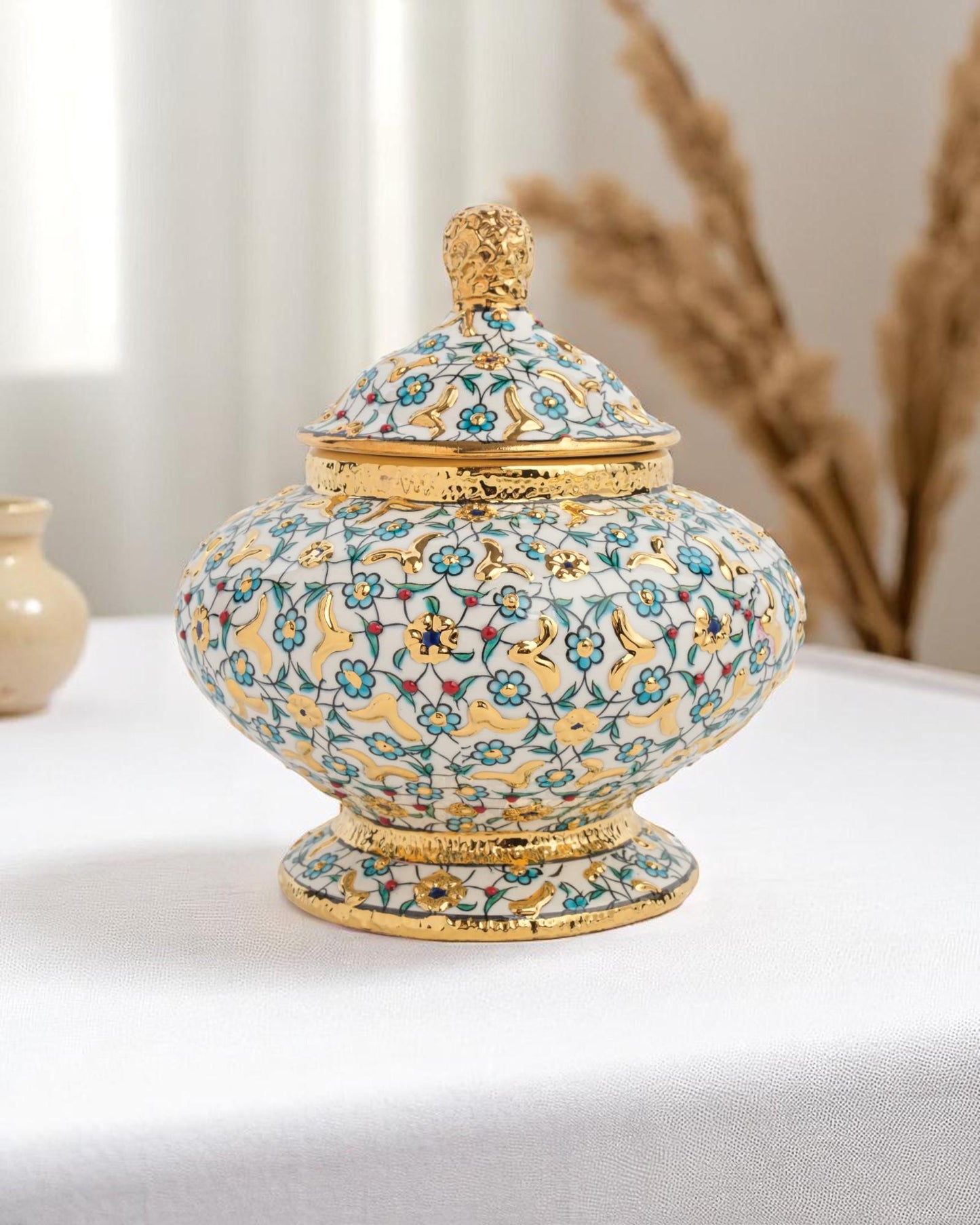 Gold Accent Turkish Ceramic Jar with Lid, 15x10 cm Handmade Decorative Pot, Floral Glazed Storage Bowl, Ottoman Home Gift