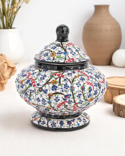 Turkish Ceramic Sugar Jar with Lid, 15x10 cm Black Floral Pot, Handmade Glazed Storage Bowl, Traditional Ottoman Decor Gift