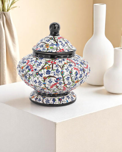 Turkish Ceramic Sugar Jar with Lid, 15x10 cm Black Floral Pot, Handmade Glazed Storage Bowl, Traditional Ottoman Decor Gift