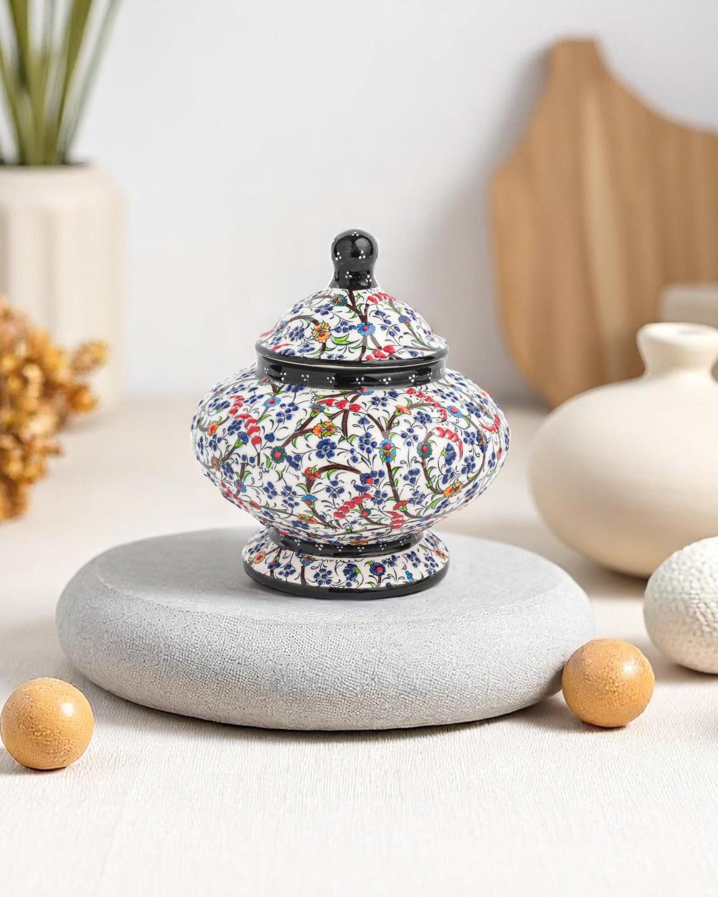 Turkish Ceramic Sugar Jar with Lid, 15x10 cm Black Floral Pot, Handmade Glazed Storage Bowl, Traditional Ottoman Decor Gift