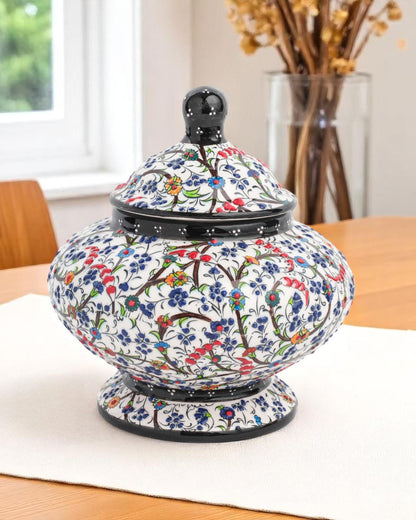 Turkish Ceramic Sugar Jar with Lid, 15x10 cm Black Floral Pot, Handmade Glazed Storage Bowl, Traditional Ottoman Decor Gift