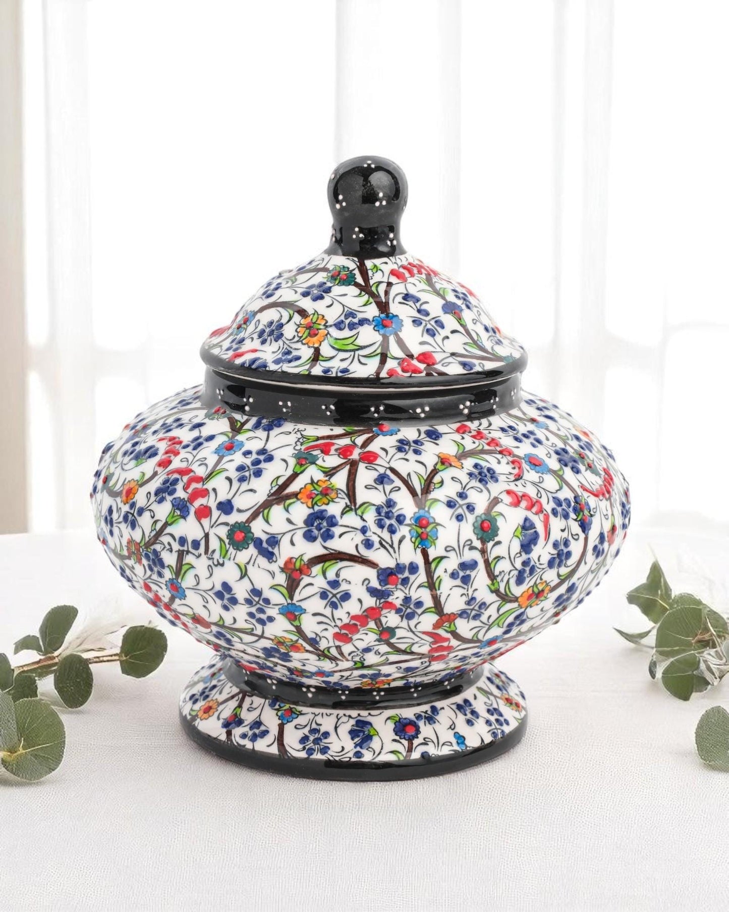 Turkish Ceramic Sugar Jar with Lid, 15x10 cm Black Floral Pot, Handmade Glazed Storage Bowl, Traditional Ottoman Decor Gift