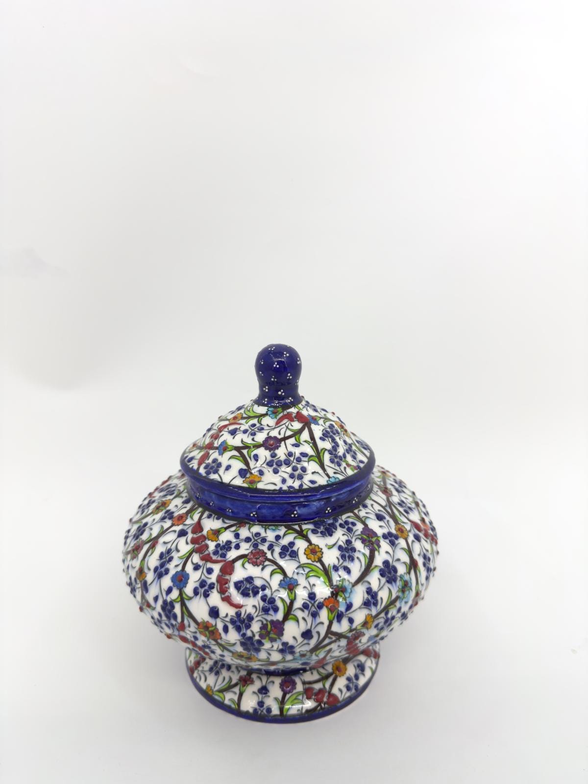 Handmade Turkish Ceramic Honey Jar - Floral Design Sugar Bowl - Iznik Style Decorative Keepsake - Unique Gift for Home or Kitchen Decor
