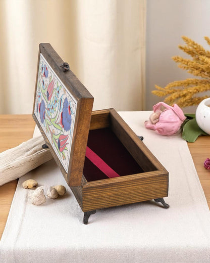 Turkish Ceramic Top Jewelry Box, 10x20 cm Handmade Wooden Case, Velvet Lined Storage, Floral Tile Lid, Ottoman Gift Idea