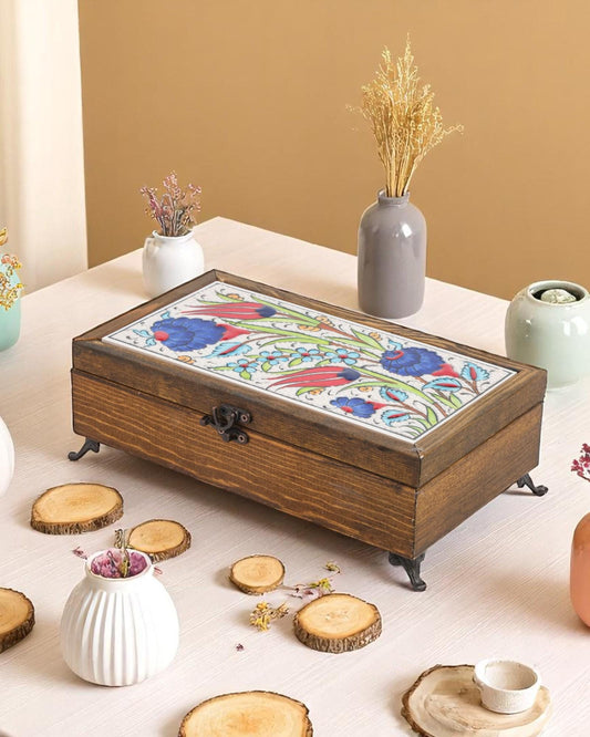 Turkish Ceramic Top Jewelry Box, 10x20 cm Handmade Wooden Case, Velvet Lined Storage, Floral Tile Lid, Ottoman Gift Idea