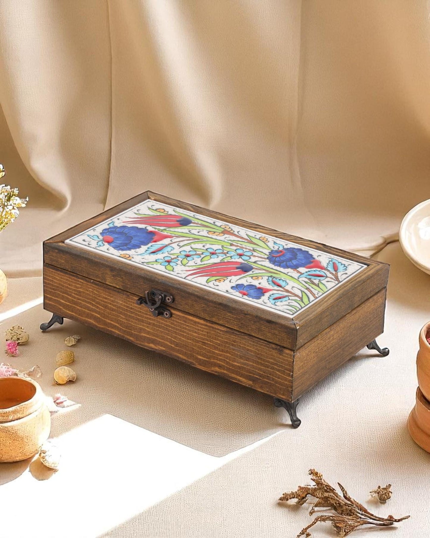 Turkish Ceramic Top Jewelry Box, 10x20 cm Handmade Wooden Case, Velvet Lined Storage, Floral Tile Lid, Ottoman Gift Idea