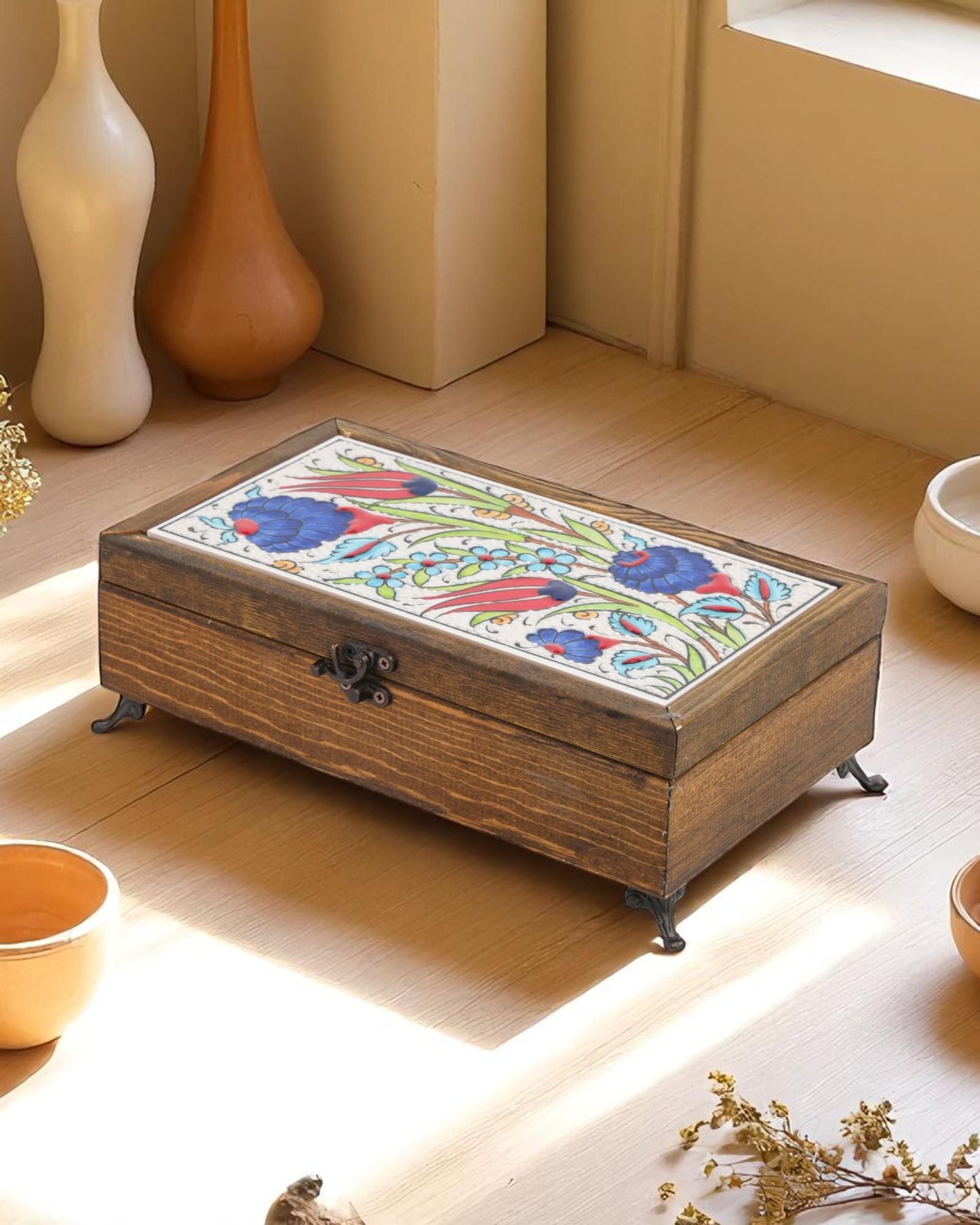 Turkish Ceramic Top Jewelry Box, 10x20 cm Handmade Wooden Case, Velvet Lined Storage, Floral Tile Lid, Ottoman Gift Idea
